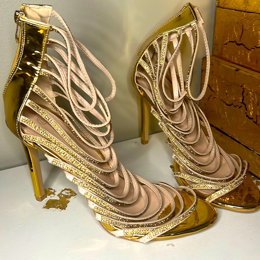 Strappy Gold Rhinestones heels